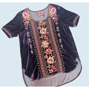 JOHNNY WAS Embroidered Velvet Boho Floral Top Blouse Size Small